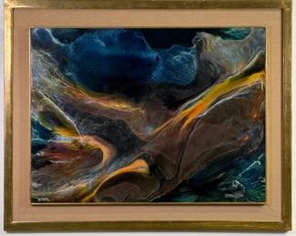 "Erosion," acrylic on masonite by Leonardo Nierman, signed, framed; painting 31-7/16"W x 23"W, framed dimension 38-1/2"W x 31-5/16"H, reverse with hand-written title of painting and dedication "For Audrey and John with all my affection L Nierman 1973"