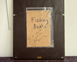 Reverse of "Fishing Boats," watercolor painting by Leonardo Nierman, 9 X 13", signed, framed; reverse with attached clear sleeve containing brown paper with title of painting and dedication "For John & Audrey Paton with my very best wishes and affection L. Nierman 1983"
