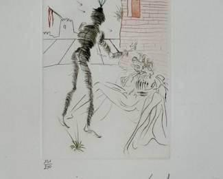 Closeup view of Salvador Dali's "Henry V(a)" drypoint etching with color from Dali's Shakespeare II suite, 1971,  hand signed and numbered 131/250.  Image is 5"x7", sheet is 17-1/2 x 12-1/4 inches. Full suite available at this sale.