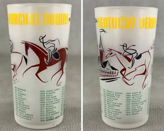 1956 Kentucky Derby glass, frosted glass with red and black graphics depicting the Churchill Downs spires and a racing jockey/horse, along with lists of historic Derby winners (1931–1955). We have two of these, with star/tail variants.