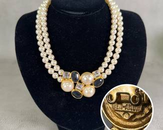 A vintage Ben-Amun double-strand faux pearl choker necklace featuring a bold gold-tone cluster centerpiece adorned with faux pearls, clear crystals, and dark/black cabochons