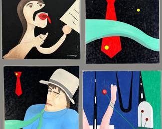 Original paintings by outsider artist Dennis L. Olejarczyk of Muskegon, Michigan. Paint on board, signed. “To the Political Correct #1” dated ‘95, size 15-3/16”W x 18”H; “Mustard & Ties #2” dated ‘95, size 17-1/2”W x 18”H; “Mustard & Ties #3” dated ‘95, size 17-1/4”W x 18”H; “Road of Life” dated ‘96, size 20”W x 17-1/4”H.  