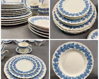 Closeups of vintage Wedgwood Etruria Embossed Queen's Ware service for 12 (also includes serving pieces), service for 6 shown in this photo