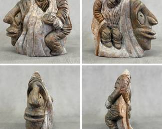 More views of the carved stone folk art figure, approx. 6"W x 6"H x 3"D.