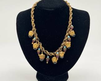 A 1930s Czech necklace, 17" long, Etruscan Byzantine bib charm necklace