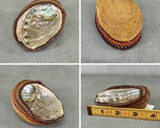 Antique PNW Coast Native American Indian Makah abalone shell insert woven basket, early 20th century, approx 4 inches long