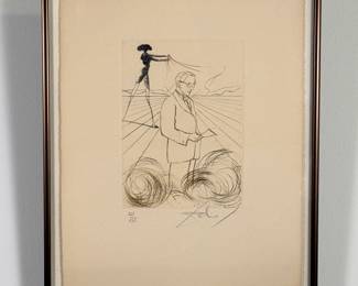 Salvador Dali's "Alexander Fleming" drypoint etching with color from Dali’s "Medicine and Science" suite of 8 engravings, 1970, 5 x 8.5", hand-signed and marked with edition #121/125, framed.