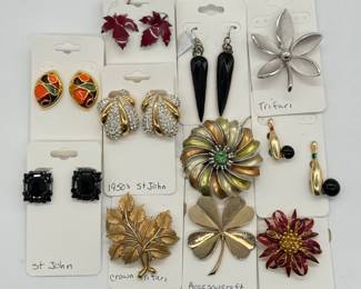 Vintage costume jewelry earrings and brooches by St. John, Crown Trifari, Accessocraft NYC