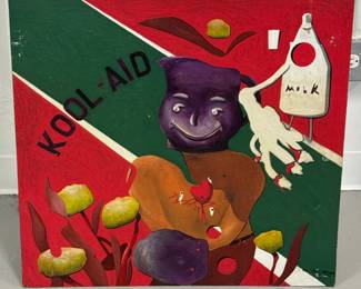 "Kool-Aid & Milk Mail Figures" original painting on board by outsider artist Dennis L. Olejarczyk, signed, dated '89, 26"W x 24"H.