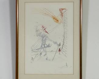 "Cyrano de Bergerac and Roxane" drypoint etching by Salvador Dali circa 1972, hand-signed, #637/1000, 12x18" and framed.