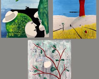 From our large collection of original paintings by outsider artist Dennis L. Olejarczyk of Muskegon, Michigan. Paint on board, signed. “Green Horn Lovers”, dated ‘95, size 18”W x 17.25”H; “GARS” dated ‘92, signed, size 18”W x 20”H; "Toucan" dated ‘96, signed, size 15.5”W x 17.5”H.