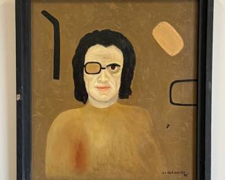 "Self Portrait" original painting on board by outsider artist Dennis L. Olejarczyk of Muskegon, Michigan. Signed lower right corner, dated '95. Framed size is 22"W x 24-1/2"H.
