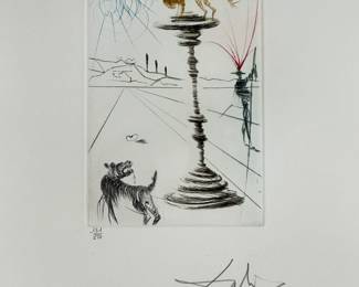 Closeup view of Salvador Dali's "The Taming of the Shrew" drypoint etching with color from Dali's Shakespeare II suite, 1971,  hand signed and numbered 131/250.  Image is 5"x7", sheet is 17-1/2 x 12-1/4 inches. Full suite available at this sale.