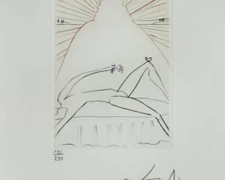 Closeup view of Salvador Dali's "Richard III(b)" drypoint etching with color from Dali's Shakespeare II suite, 1971,  hand signed and numbered 131/250.  Image is 5"x7", sheet is 17-1/2 x 12-1/4 inches. Full suite available at this sale.