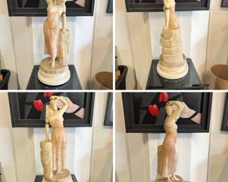 Antique white and veined alabaster/marble sculpture representing a female water carrier (often titled Portatrice d'acqua or an Orientalist/Egyptian water carrier) in the style of R. Parent or Enrico Castellucci