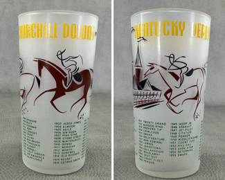 1956 Kentucky Derby glass, frosted glass with red and black graphics depicting the Churchill Downs spires and a racing jockey/horse, along with lists of historic Derby winners (1931–1955). We have two of these, with star/tail variants.