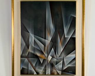"Prismatic Dream" acrylic on masonite painting by Leonardo Nierman; signed,  23-5/8"W x 31-1/2"H, framed size 31-5/8"W x 39-1/2"H, reverse with vintage foil tag from Merrill Chase Galleries