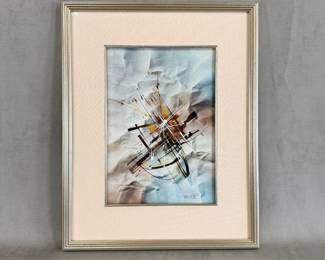 "Space Dynamics," watercolor painting by Leonardo Nierman, 9-5/8 x 13-1/2", signed, framed 16-1/2"W x 20-5/8"H; reverse with attached clear sleeve containing brown paper with title of painting and dedication "For John & Audrey Paton most fondly L. Nierman 1983"