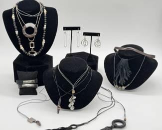 Vintage necklaces with natural stone pendants, black leather fringe pendants; slender modernist dangle earrings