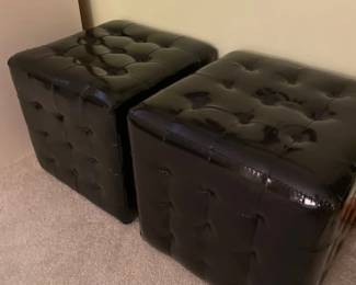 037 Black Tufted patent Faux Leather Cube Ottomans Pair