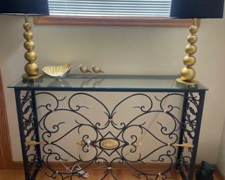 080 Wrought Iron Glass Console Table with Lamps
