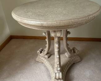 073 Ornate Carved Pedestal Center Table Faux Marble