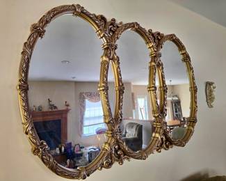 vintage Hollywood Regency triple oval wall mirror