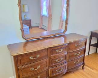 vintage French Provincial-style 9-drawer triple dresser with a matching wall mirror