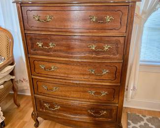 vintage French Provincial-style cherry wood highboy chest of drawers