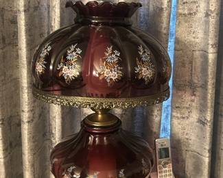 Beautiful purple gone with the wind hurricane lamp - newer, matching pair