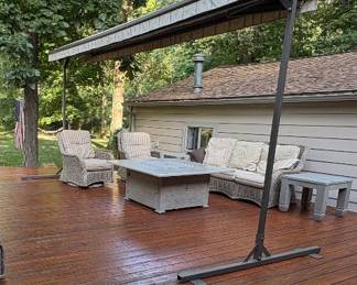 Stand alone awning, large fire pit, end tables