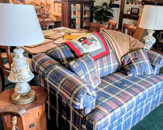 Plaid flexsteel loveseat, side tables vintage lamps large coffee table TV stand Vizio television... ....