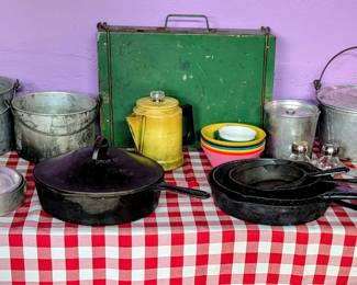 Vintage cast iron, Coleman stoves camping cookware