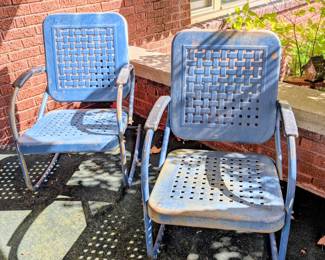 Pair of vintage basket weave metal rocking lawn/ porch chairs