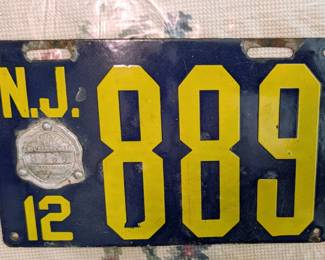 1912 New Jersey 3-digit porcelain license plate, nice!