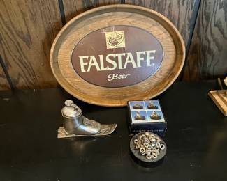 Falstaff beer tray,  cigarette lighter, magnetic nut sculpture