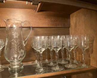 Cut crystal goblets, tall cut crystal pitcher