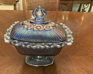 Purple carnival glass candy dish