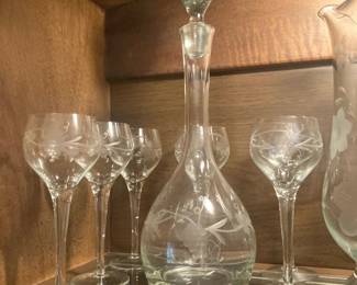 Large decanter with cut grapes design, 6 matching "grape" goblets