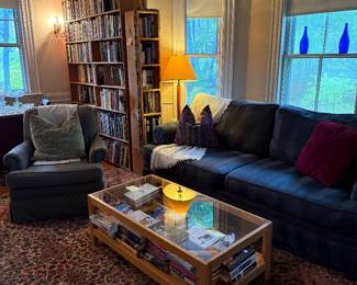 Glass and wood coffee table, Jordan's furniture sofa, Ethan Allen style lounger