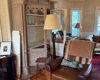 Leather BarcaLounger, vintage solid wood hutch China 