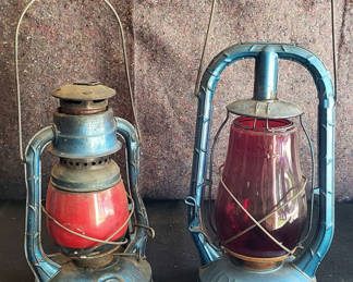 Lot 85: 2 Vintage Blue w/Red Glass Lanterns