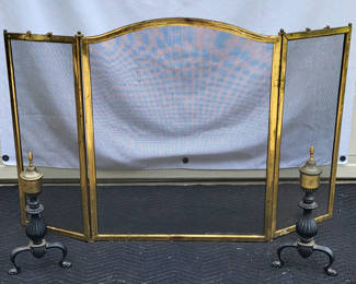 Lot 84: Vintage Brass Fire Screen w/ Pair Of Andirons