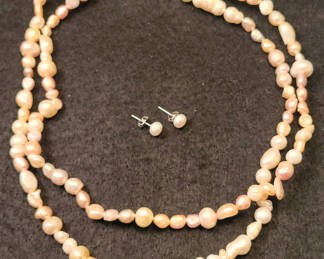Lot 77: Fresh Water Pearl Necklace w/ Matching Earrings .925 (Peach Color)