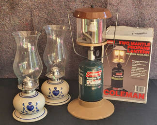 Lot 94: Lot of 3 Lanterns • 2 Ceramic / 1 Coleman