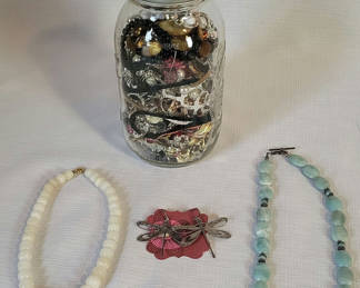 Lot 34: Mystery Jewlery Jar Small w/Necklaces & Dragonfly Earrings (#1)