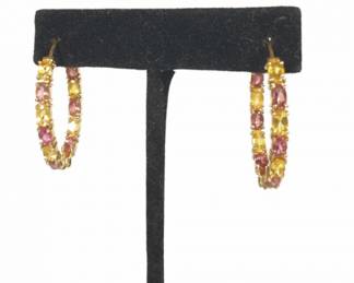 14K, Yellow Gold Multicolor Pink & Yellow Gemstone Hoop Earrings