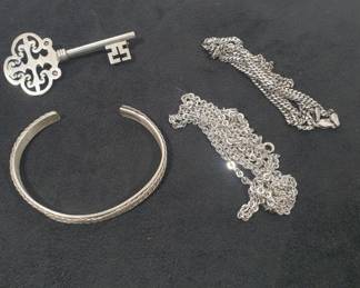 Sterling Silver Key Brooch, Cuff & Chain Necklace Set