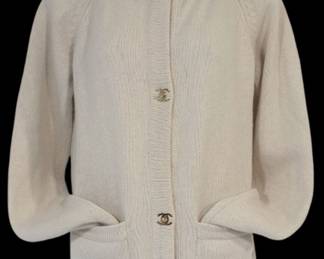 Vintage CHANEL Cashmere, Cream Colored Cardigan with CC Buttons