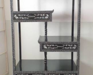 Tall Asian Black Lacquer Étagère Cabinet Mother Of Pearl Inlay